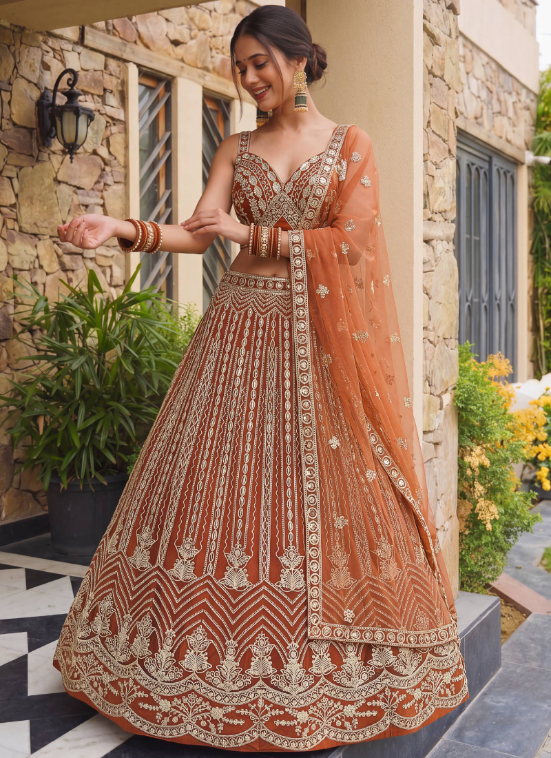 Orange Butterfly Net Sequence Codding Embroidery Lehenga Choli 