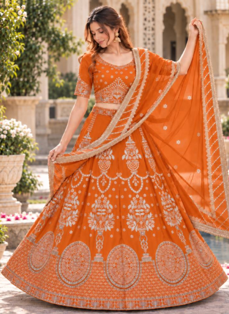 Orange Designer Georgette Zari Thread Embroidered Lehenga Choli