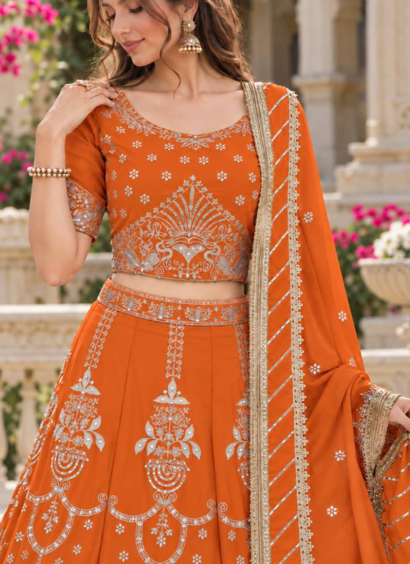 Orange Designer Georgette Zari Thread Embroidered Lehenga Choli
