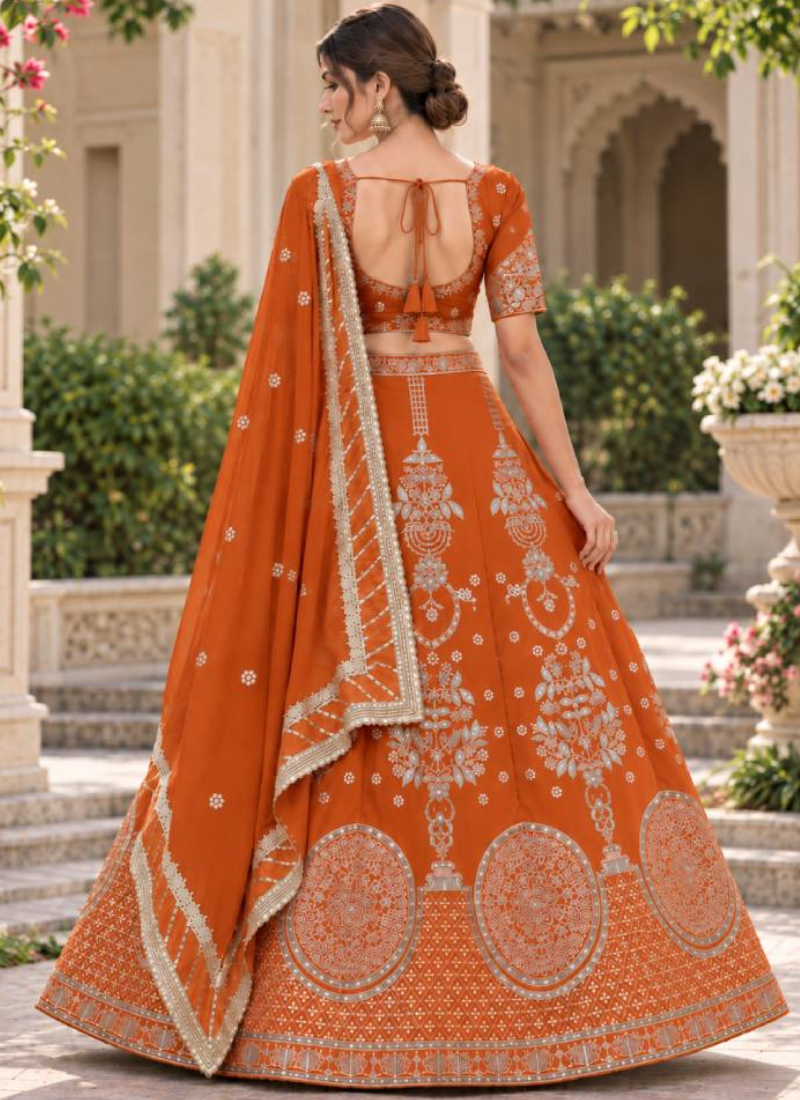 Orange Designer Georgette Zari Thread Embroidered Lehenga Choli