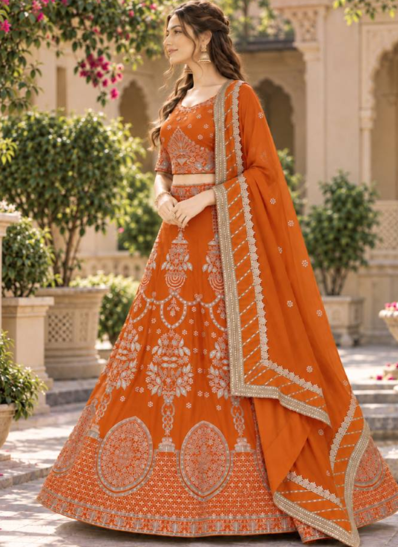 Orange Designer Georgette Zari Thread Embroidered Lehenga Choli