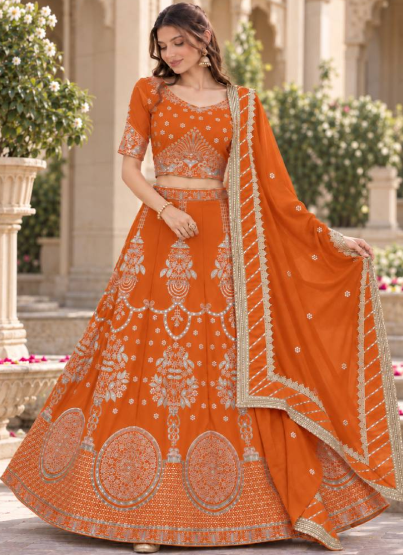 Orange Designer Georgette Zari Thread Embroidered Lehenga Choli