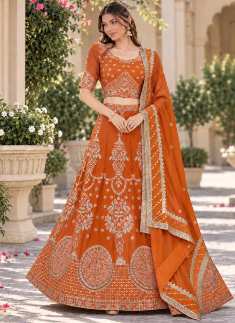 Orange Designer Georgette Zari Thread Embroidered Lehenga Choli
