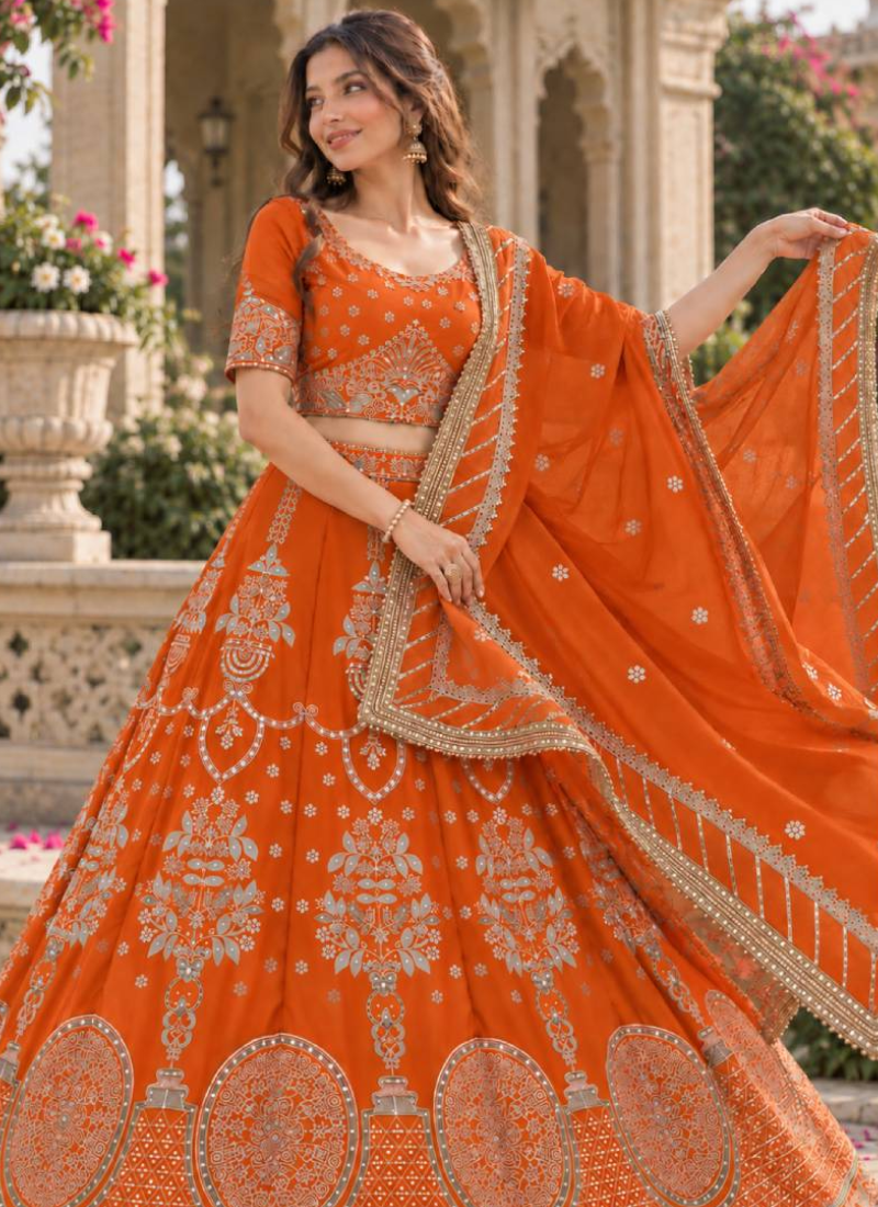 Orange Designer Georgette Zari Thread Embroidered Lehenga Choli