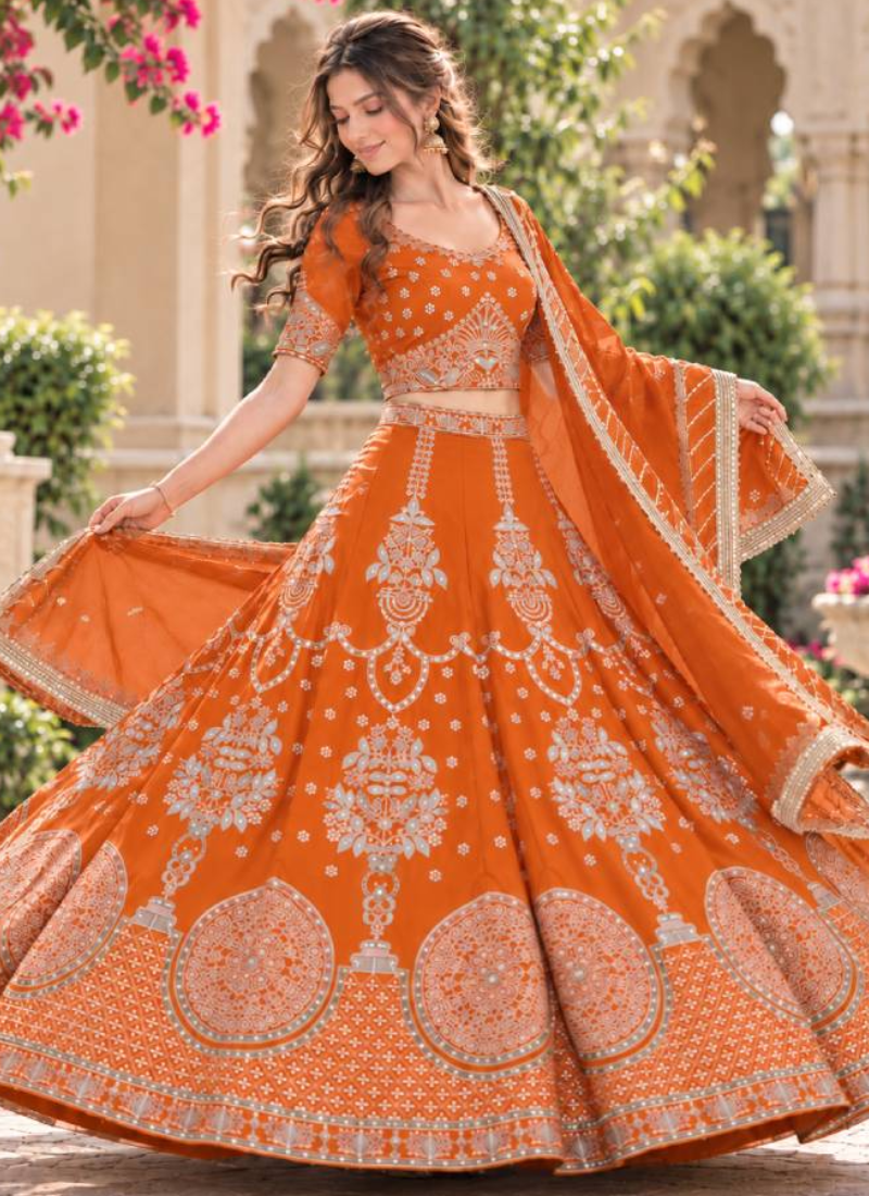 Orange Designer Georgette Zari Thread Embroidered Lehenga Choli