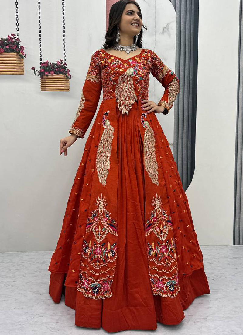 Orange Vichitra Sequence Work Heavy Traditional Crop Top Wedding Wear