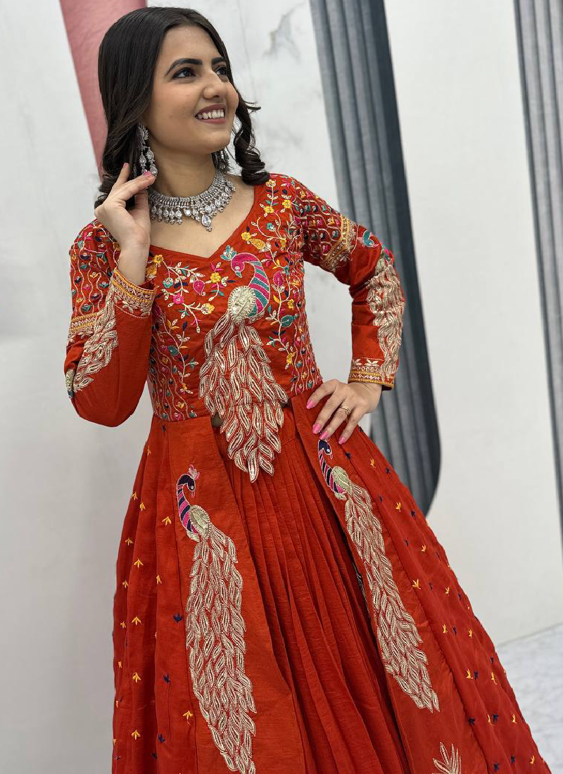 Orange Vichitra Sequence Work Heavy Traditional Crop Top Wedding Wear