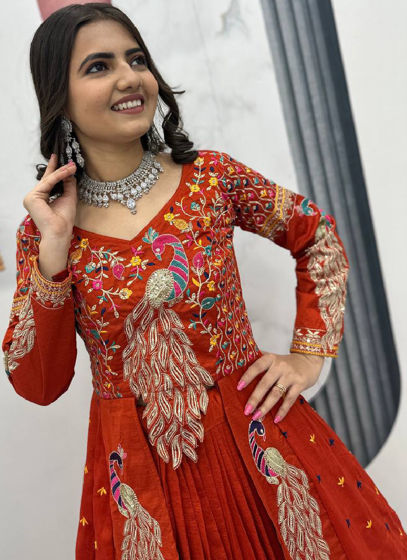 Orange Vichitra Sequence Work Heavy Traditional Crop Top Wedding Wear