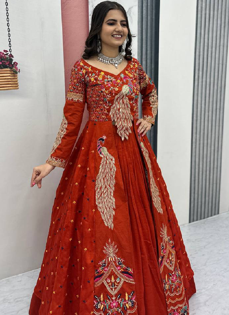 Orange Vichitra Sequence Work Heavy Traditional Crop Top Wedding Wear