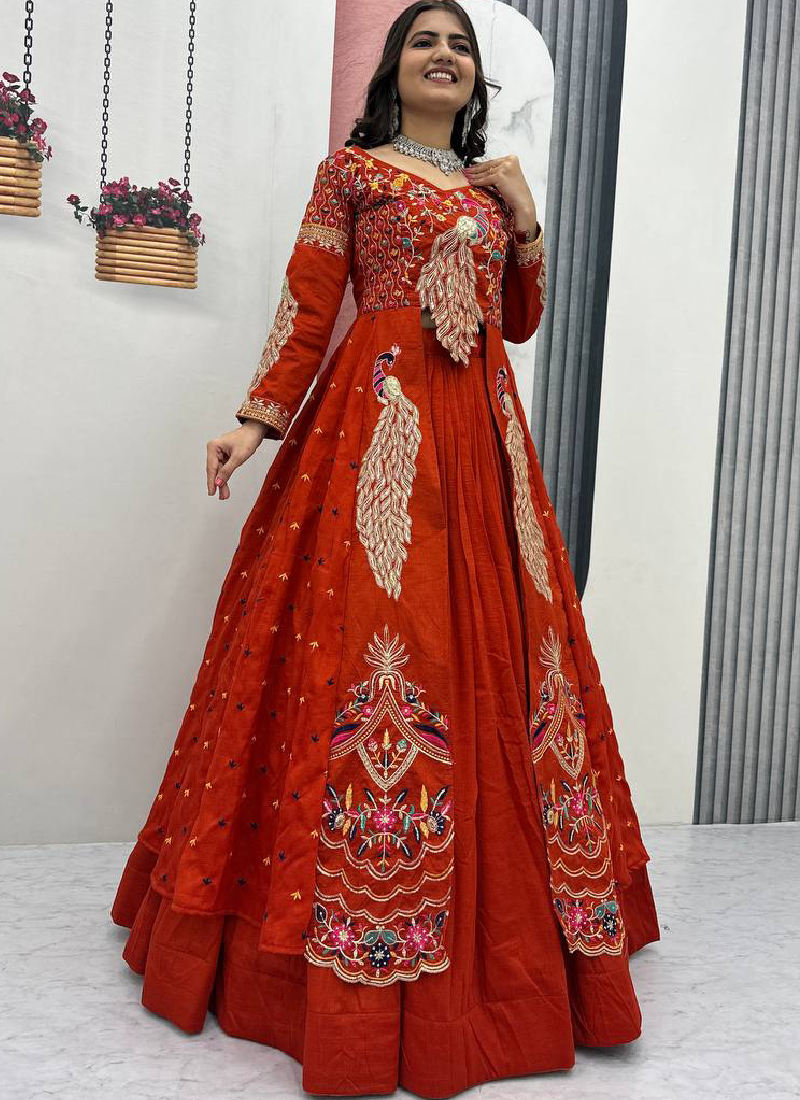Orange Vichitra Sequence Work Heavy Traditional Crop Top Wedding Wear