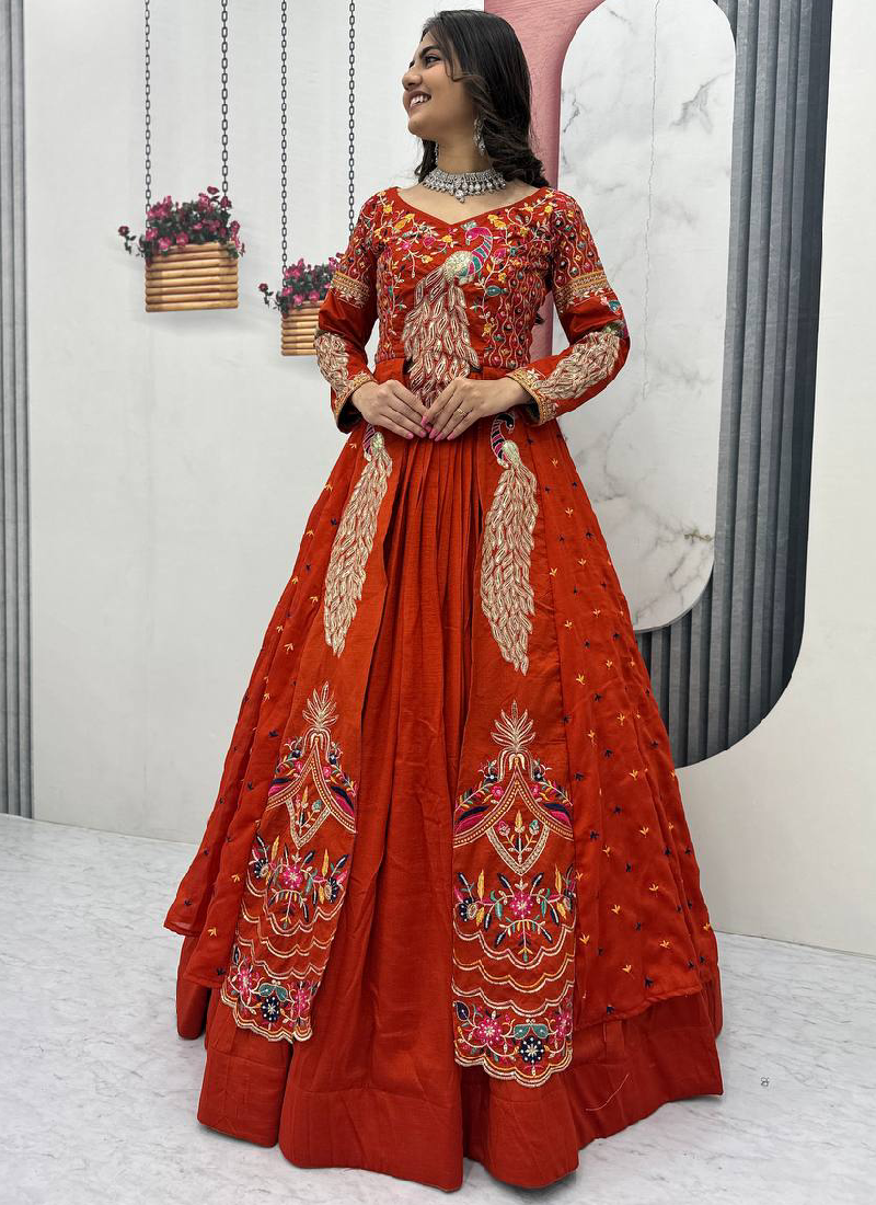 Orange Vichitra Sequence Work Heavy Traditional Crop Top Wedding Wear