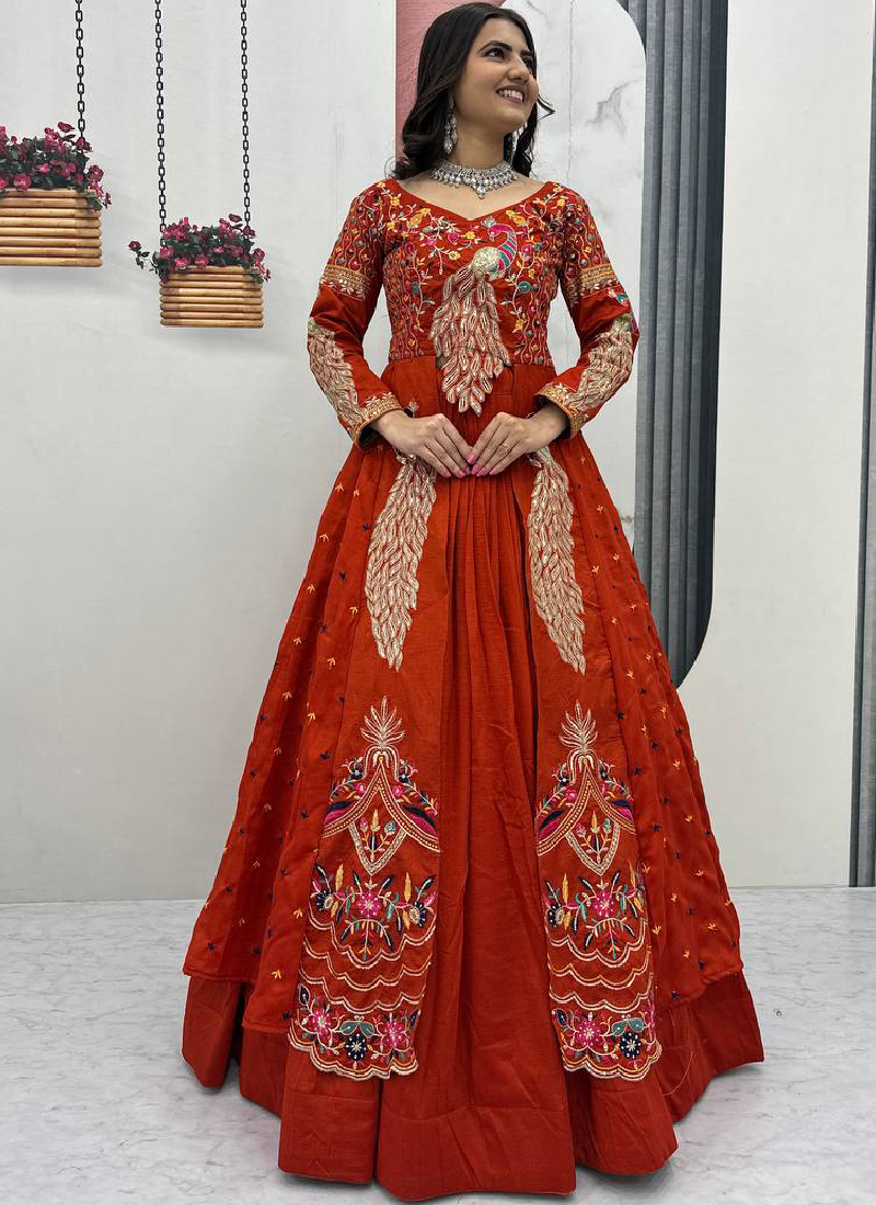 Orange Vichitra Sequence Work Heavy Traditional Crop Top Wedding Wear