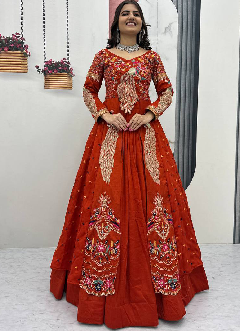 Orange Vichitra Sequence Work Heavy Traditional Crop Top Wedding Wear