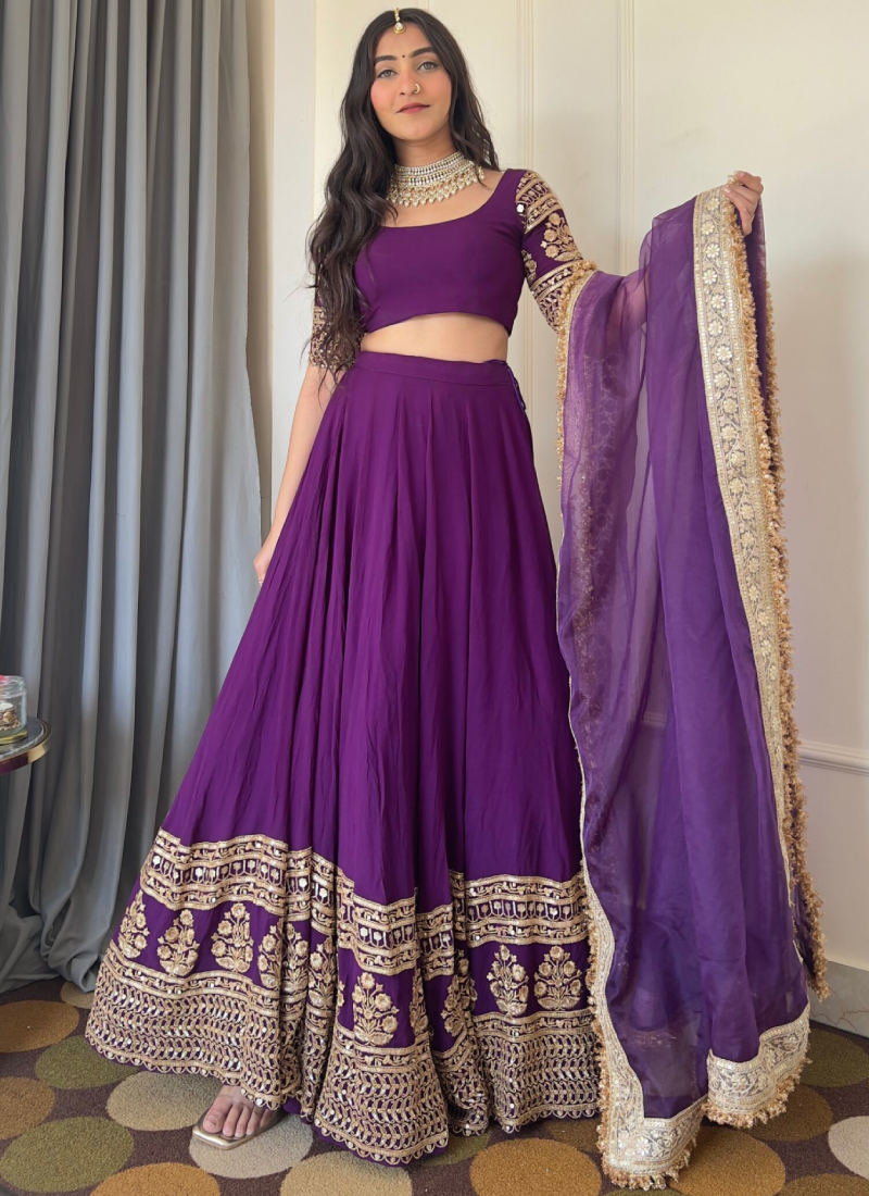 Outstanding Sequence Embroidered Georgette Purple Lehenga Choli Set
