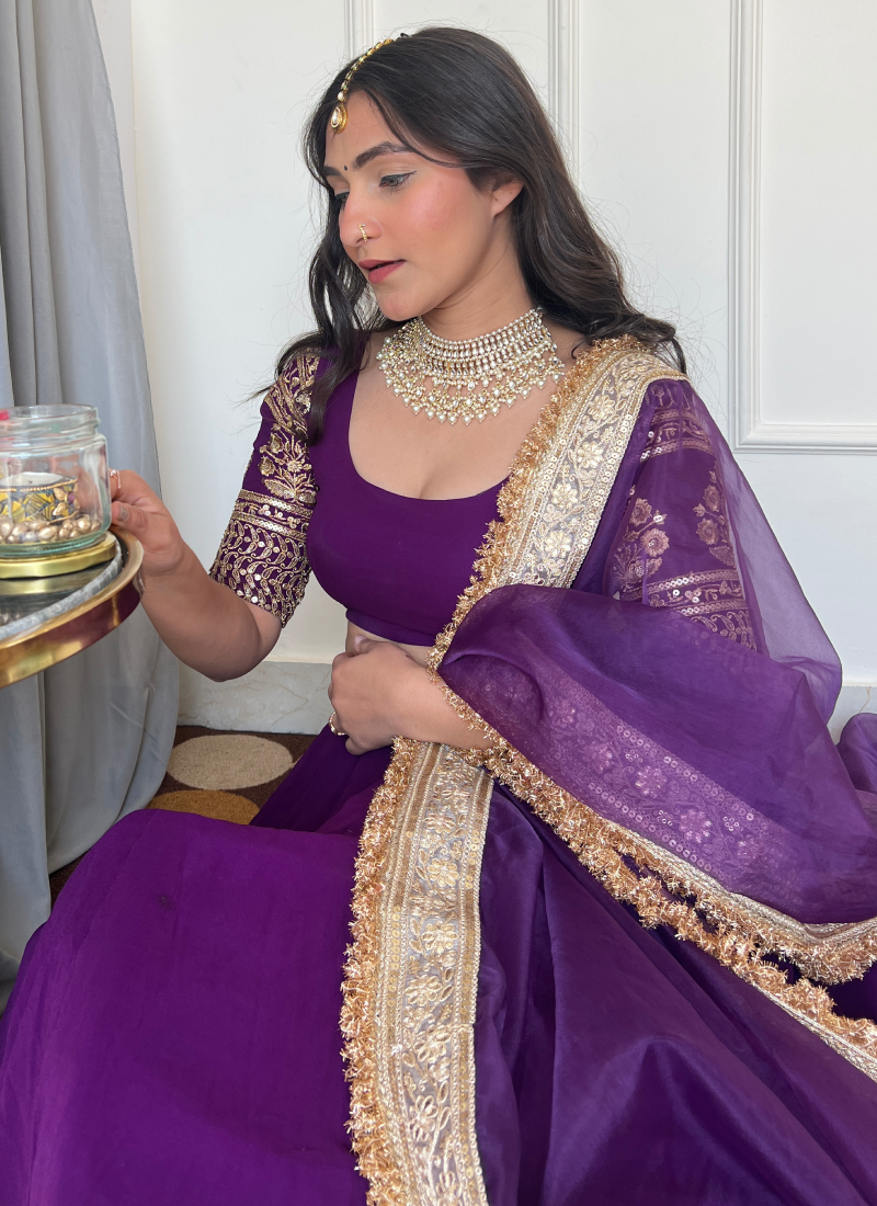 Outstanding Sequence Embroidered Georgette Purple Lehenga Choli Set