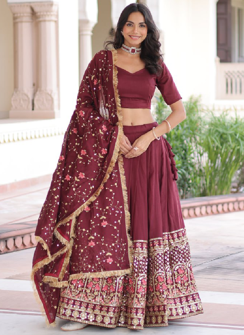 Outstanding Vichitra Silk Thread Embroidered Maroon Lehenga Choli Set