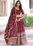 Outstanding Vichitra Silk Thread Embroidered Maroon Lehenga Choli Set