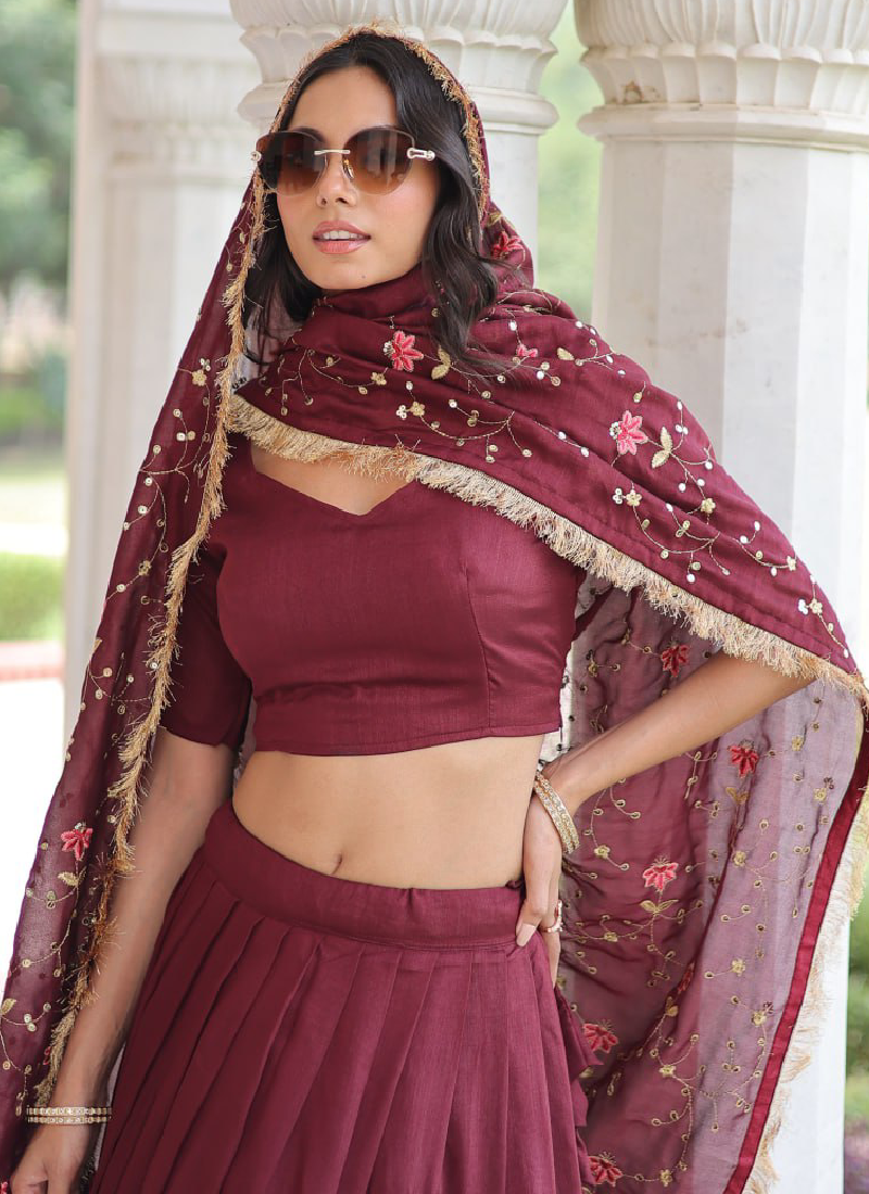 Outstanding Vichitra Silk Thread Embroidered Maroon Lehenga Choli Set