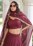 Outstanding Vichitra Silk Thread Embroidered Maroon Lehenga Choli Set