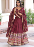 Outstanding Vichitra Silk Thread Embroidered Maroon Lehenga Choli Set