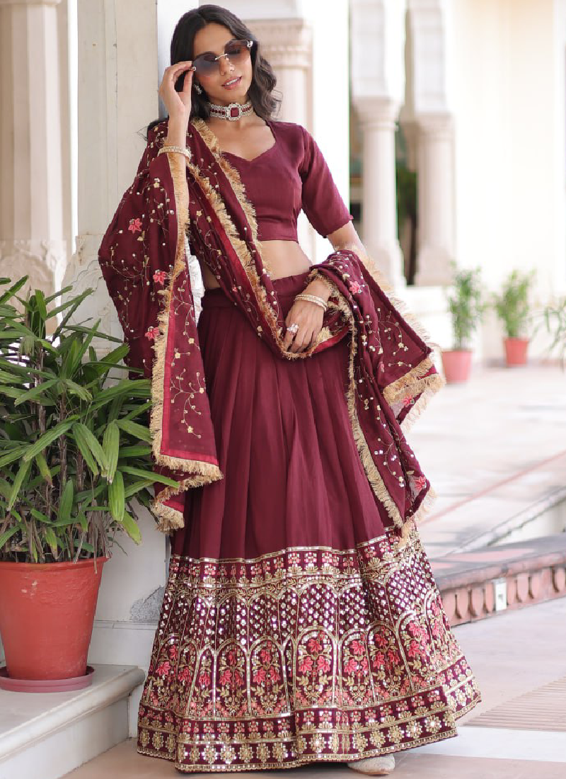 Outstanding Vichitra Silk Thread Embroidered Maroon Lehenga Choli Set