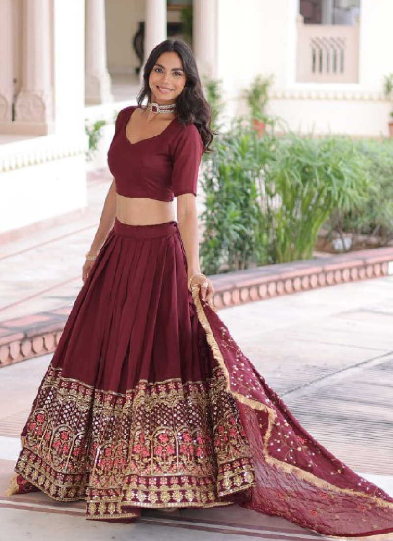 Outstanding Vichitra Silk Thread Embroidered Maroon Lehenga Choli Set