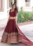 Outstanding Vichitra Silk Thread Embroidered Maroon Lehenga Choli Set
