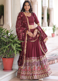 Outstanding Vichitra Silk Thread Embroidered Maroon Lehenga Choli Set