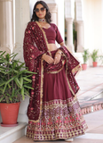 Outstanding Vichitra Silk Thread Embroidered Maroon Lehenga Choli Set