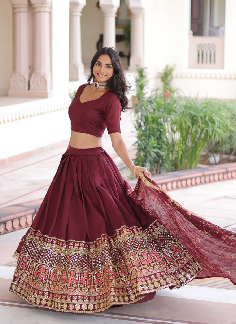 Outstanding Vichitra Silk Thread Embroidered Maroon Lehenga Choli Set