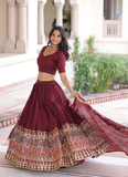 Outstanding Vichitra Silk Thread Embroidered Maroon Lehenga Choli Set