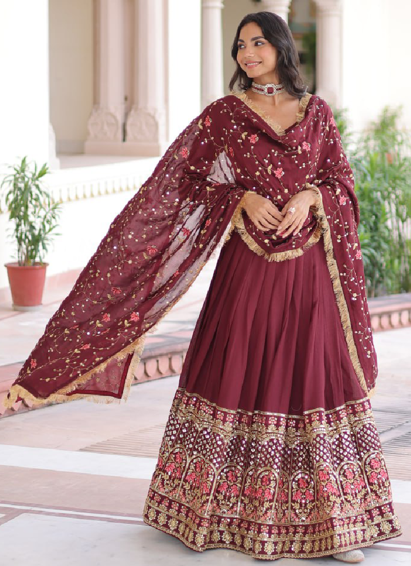 Outstanding Vichitra Silk Thread Embroidered Maroon Lehenga Choli Set