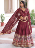Outstanding Vichitra Silk Thread Embroidered Maroon Lehenga Choli Set