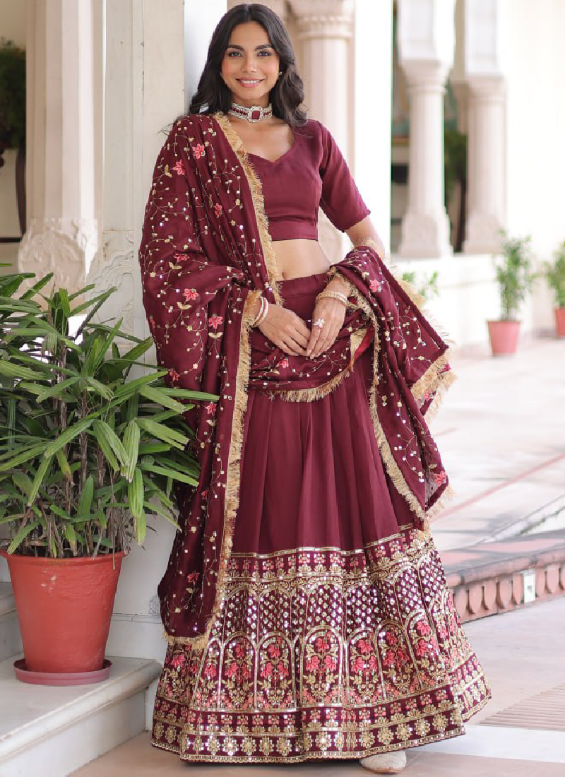Outstanding Vichitra Silk Thread Embroidered Maroon Lehenga Choli Set