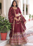 Outstanding Vichitra Silk Thread Embroidered Maroon Lehenga Choli Set