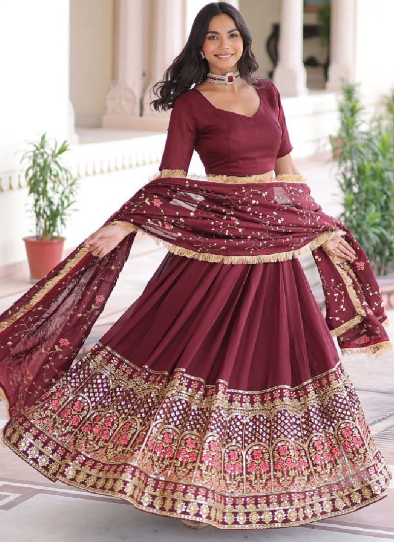 Outstanding Vichitra Silk Thread Embroidered Maroon Lehenga Choli Set