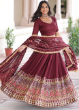 Outstanding Vichitra Silk Thread Embroidered Maroon Lehenga Choli Set