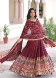 Outstanding Vichitra Silk Thread Embroidered Maroon Lehenga Choli Set