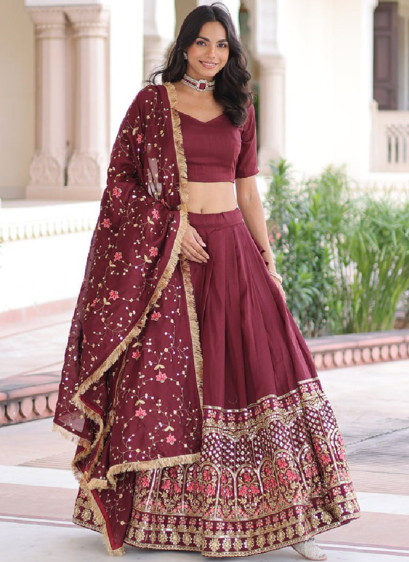 Outstanding Vichitra Silk Thread Embroidered Maroon Lehenga Choli Set
