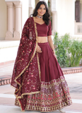 Outstanding Vichitra Silk Thread Embroidered Maroon Lehenga Choli Set