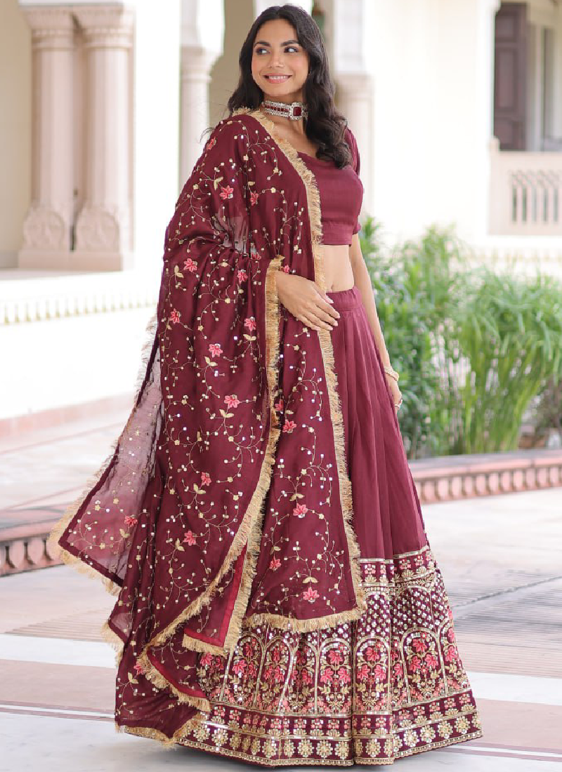 Outstanding Vichitra Silk Thread Embroidered Maroon Lehenga Choli Set