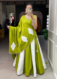 Parrot Green And White Mirror Work Pure Cotton Lehenga Choli