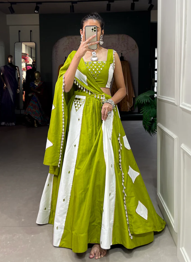 Parrot Green And White Mirror Work Pure Cotton Lehenga Choli