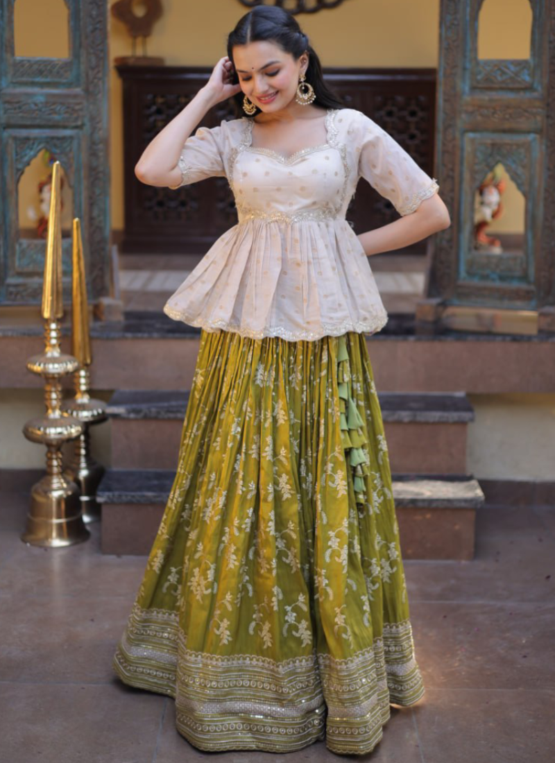 Parrot Green Embroidery Viscose Jacquard Lehenga Choli For Women