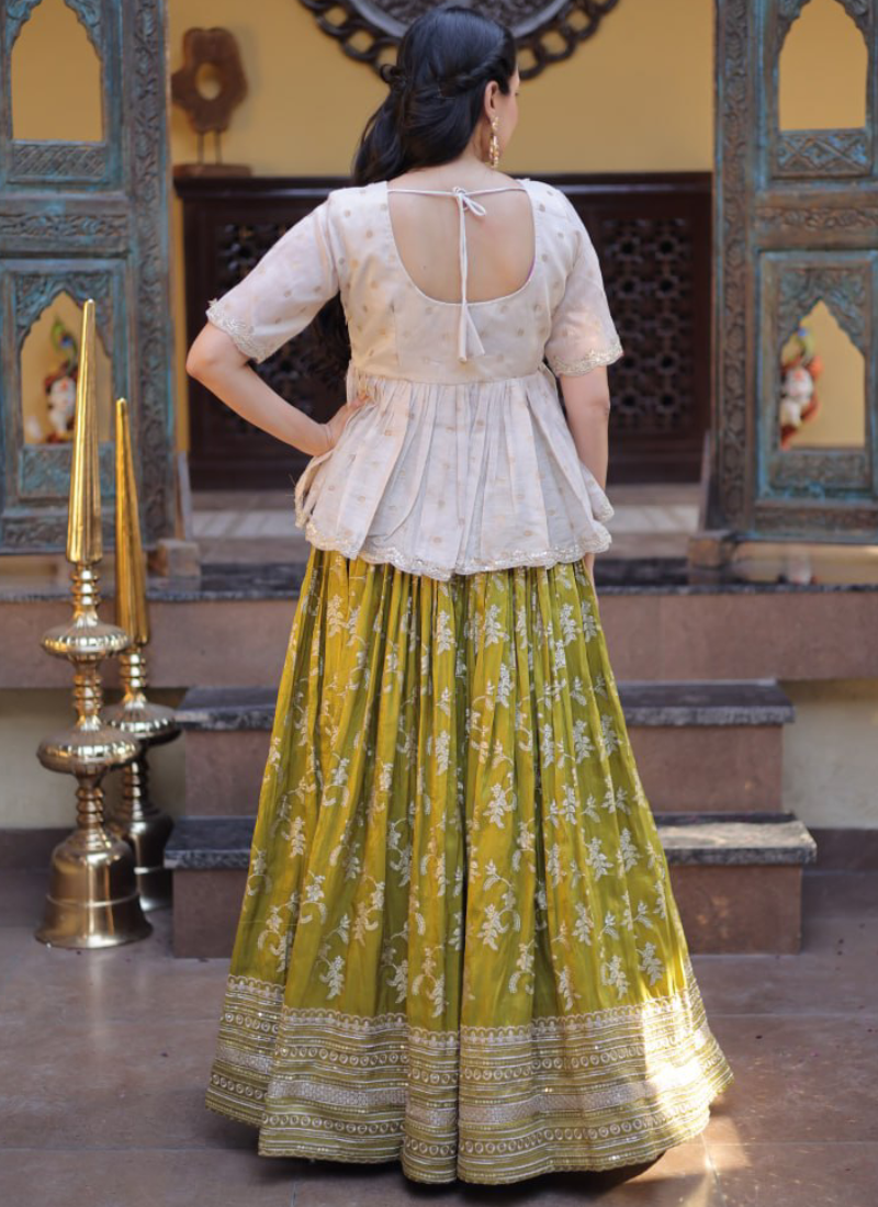 Parrot Green Embroidery Viscose Jacquard Lehenga Choli For Women