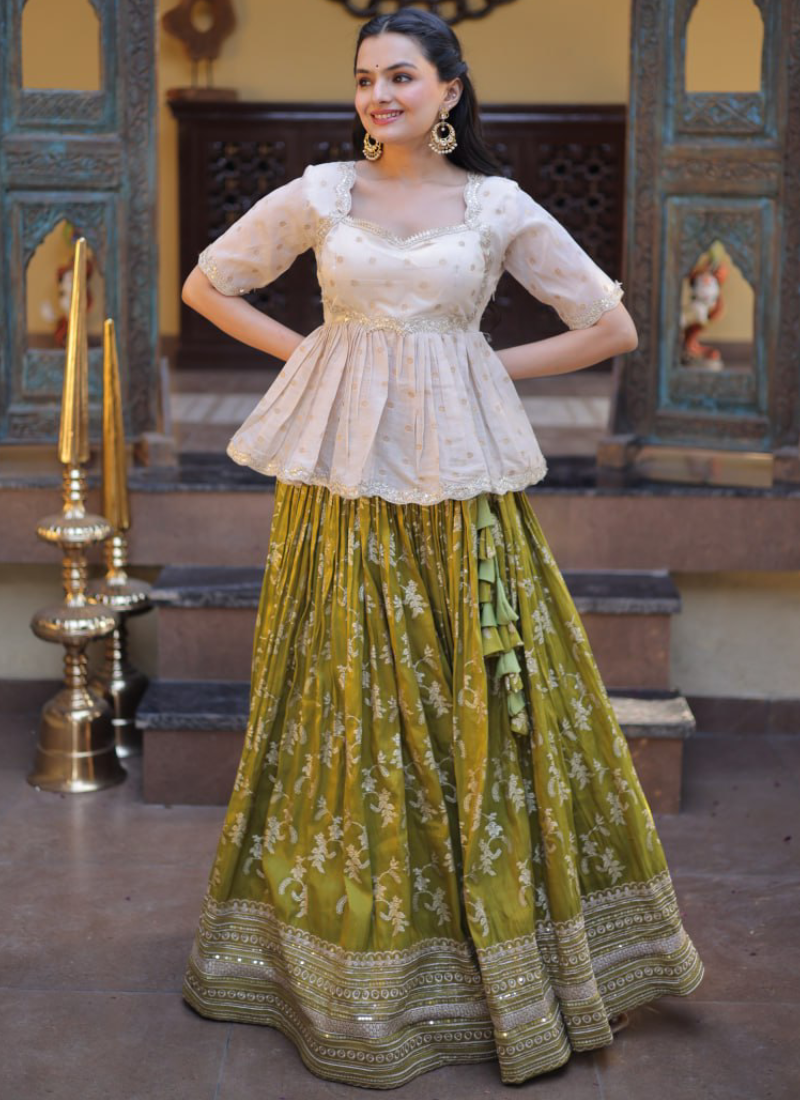 Parrot Green Embroidery Viscose Jacquard Lehenga Choli For Women