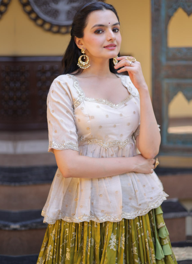Parrot Green Embroidery Viscose Jacquard Lehenga Choli For Women