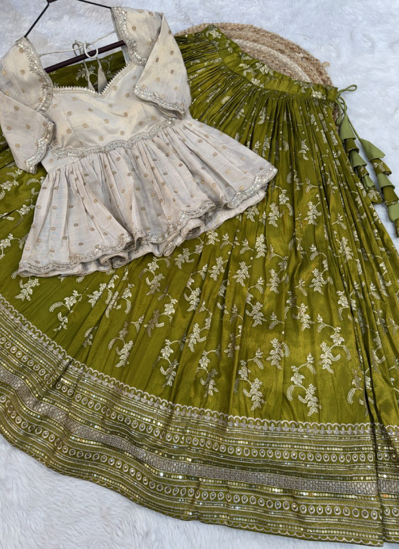 Parrot Green Embroidery Viscose Jacquard Lehenga Choli For Women