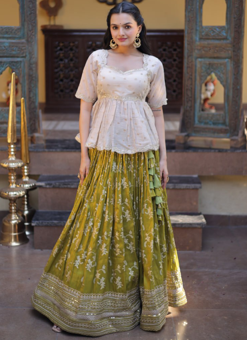Parrot Green Embroidery Viscose Jacquard Lehenga Choli For Women