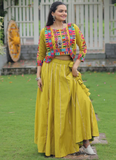 Parrot Green Gamthi Work Silk Lehenga Choli And Koti For Navratri